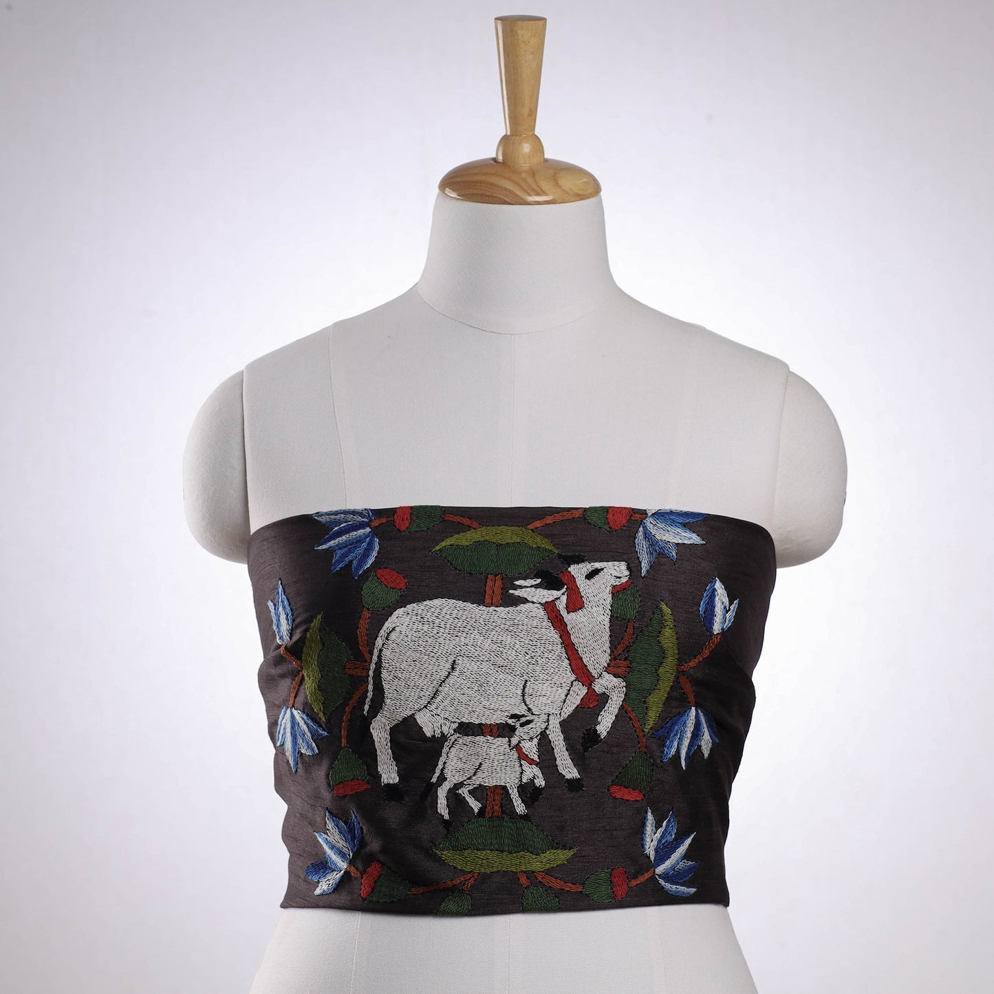 Black Bengal Kantha Embroidery Raw Silk Blouse Piece
