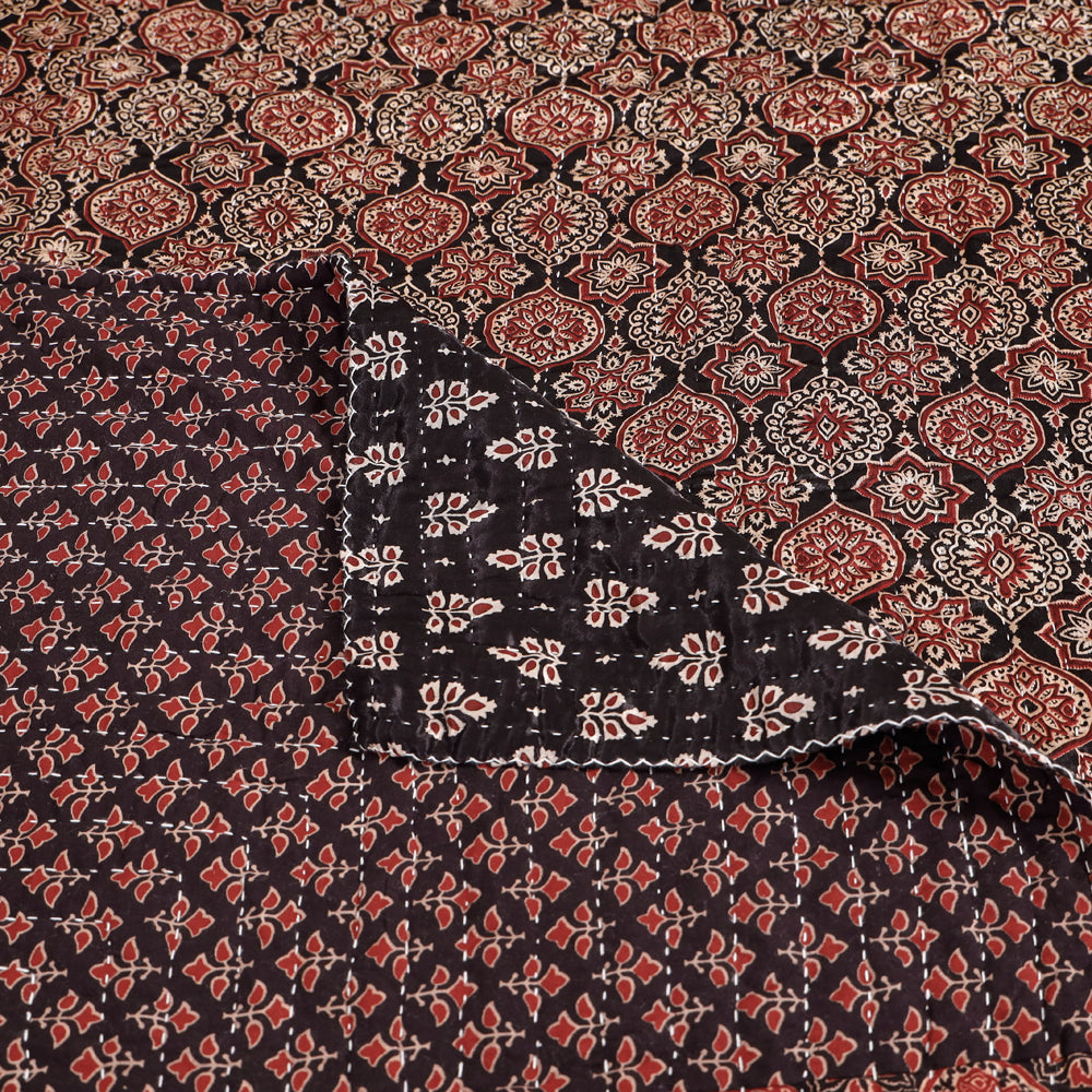 Reversible Ajrakh Patch & Tagai Work Mashru Silk Double Bed Cover / Quilt