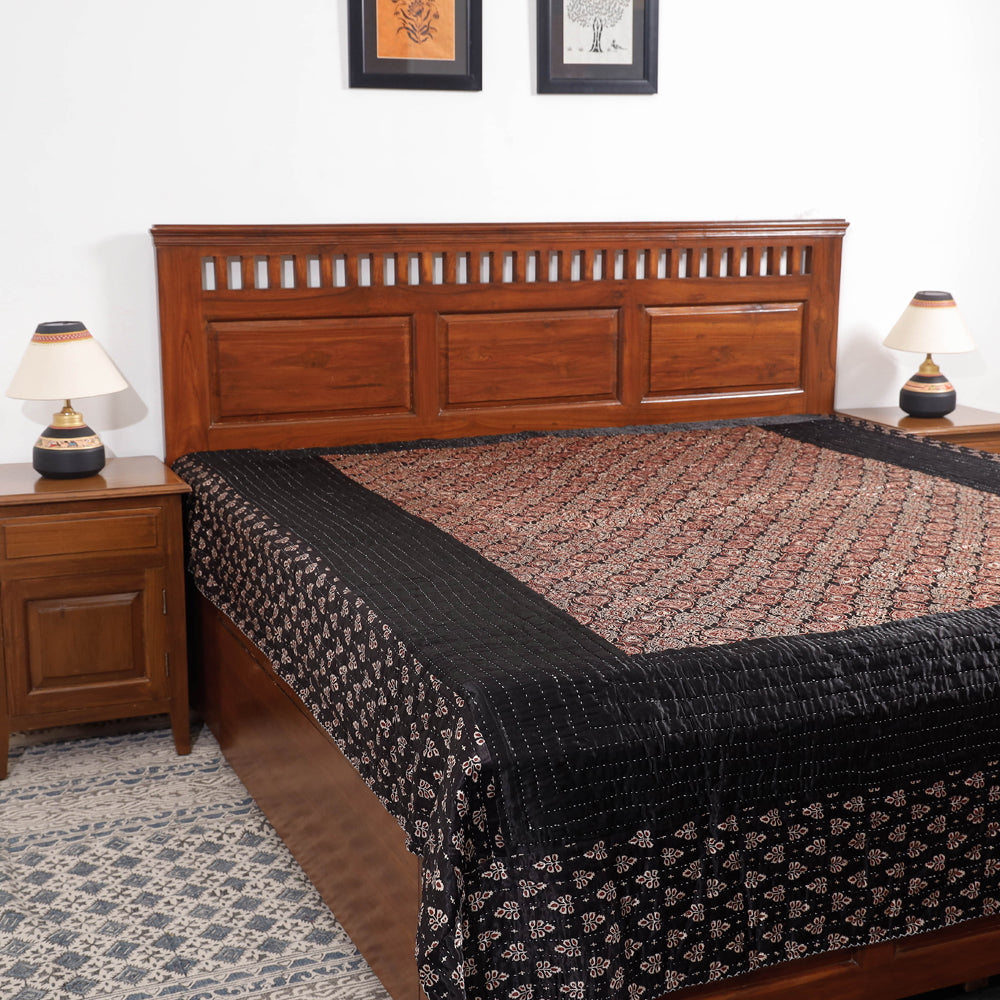 Reversible Ajrakh Patch & Tagai Work Mashru Silk Double Bed Cover / Quilt