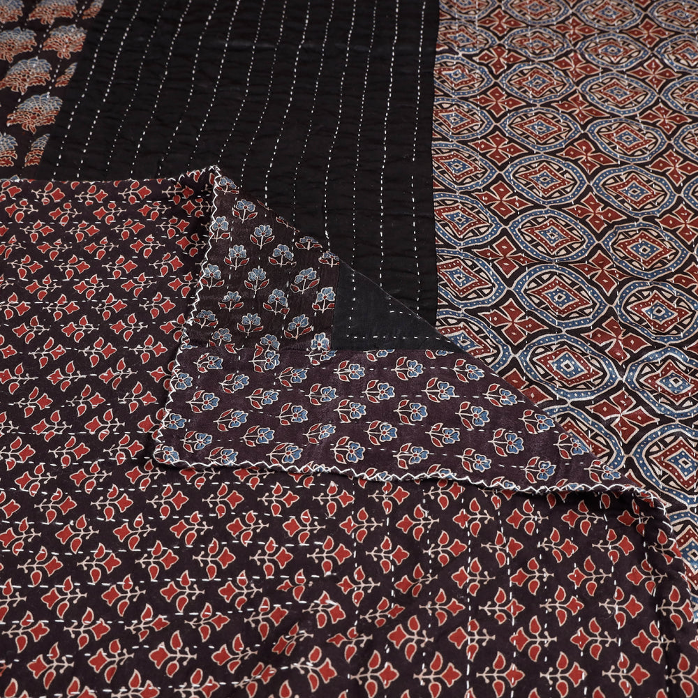 Reversible Ajrakh Patch & Tagai Work Mashru Silk Double Bed Cover / Quilt