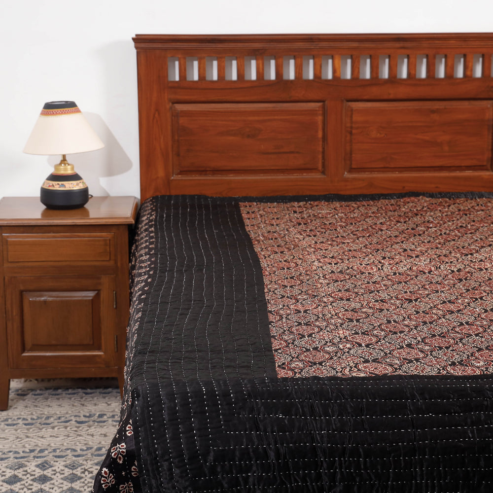 Reversible Ajrakh Patch & Tagai Work Mashru Silk Double Bed Cover / Quilt