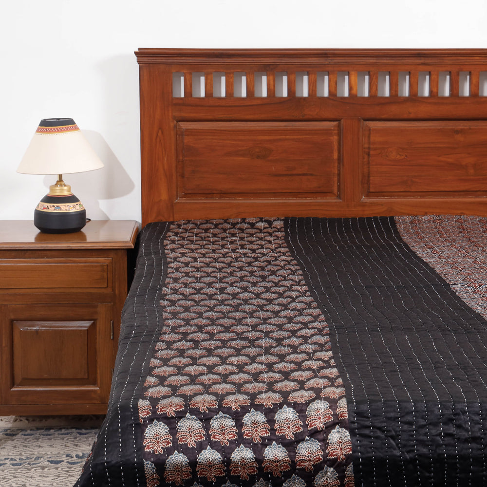 Reversible Ajrakh Patch & Tagai Work Mashru Silk Double Bed Cover / Quilt