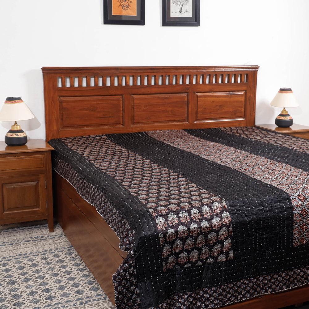 Reversible Ajrakh Patch & Tagai Work Mashru Silk Double Bed Cover / Quilt