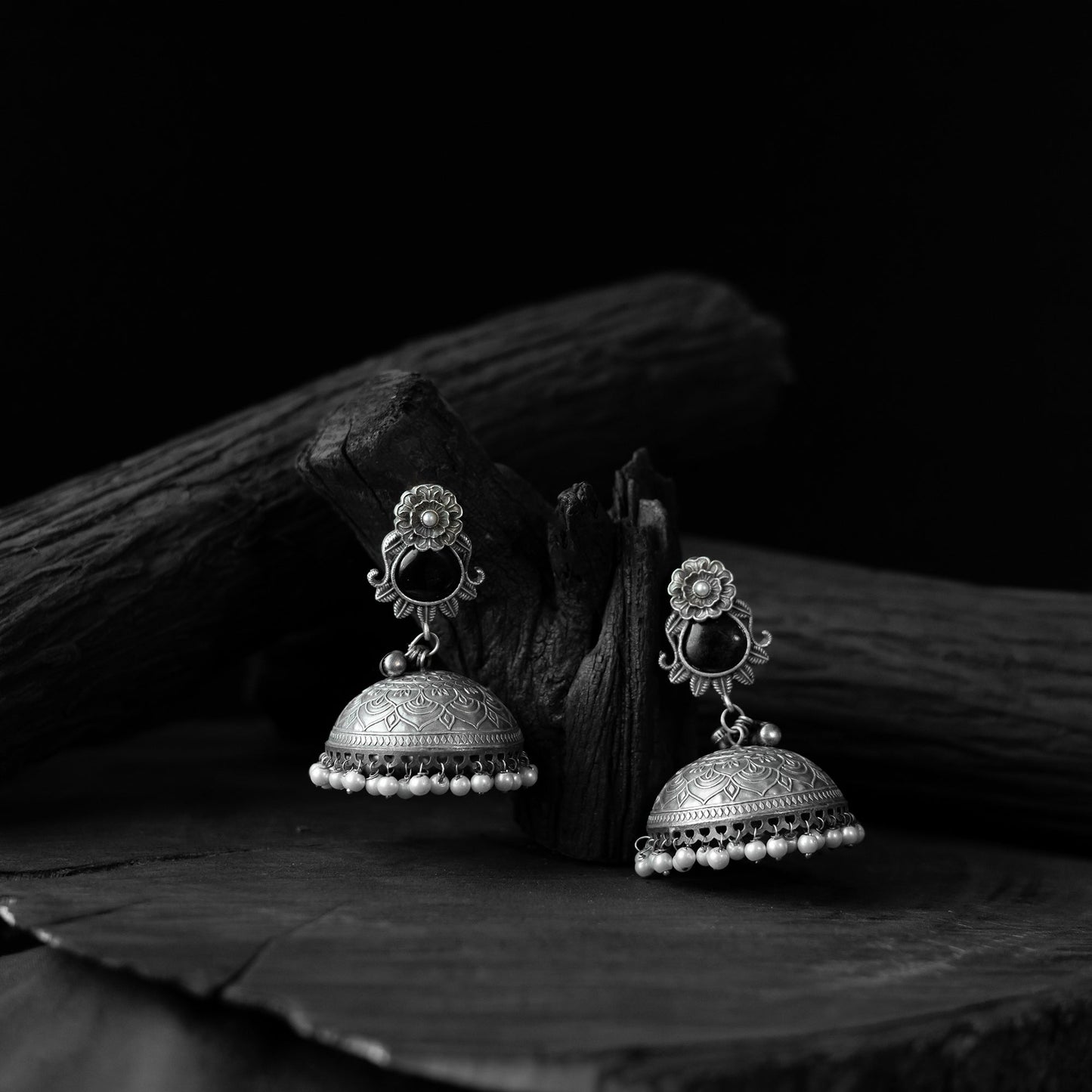 Black - saanjh bela flower & leaves oxidised jhumka