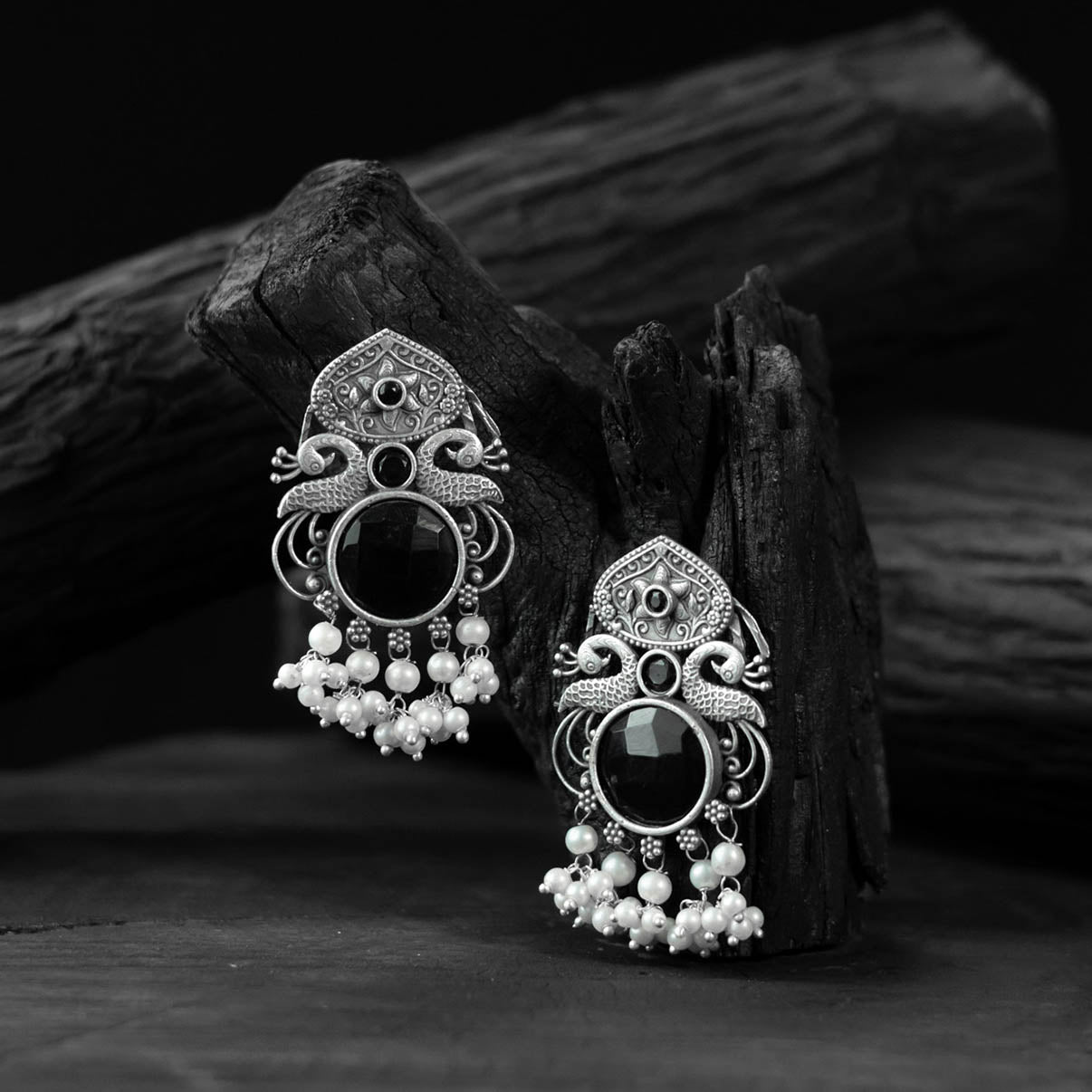 Black - saanjh bela flower & peacock oxidised earrings