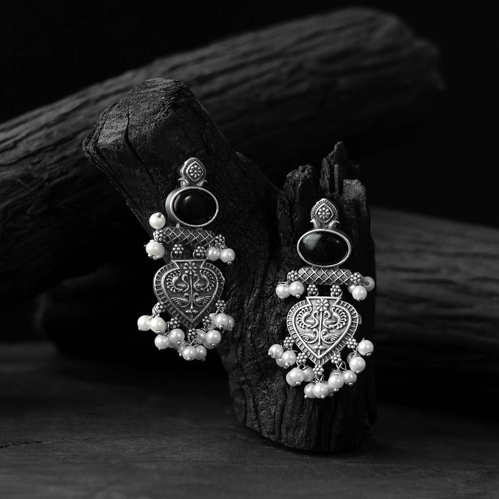 Black - saanjh bela heart oxidised earrings - handcrafted
