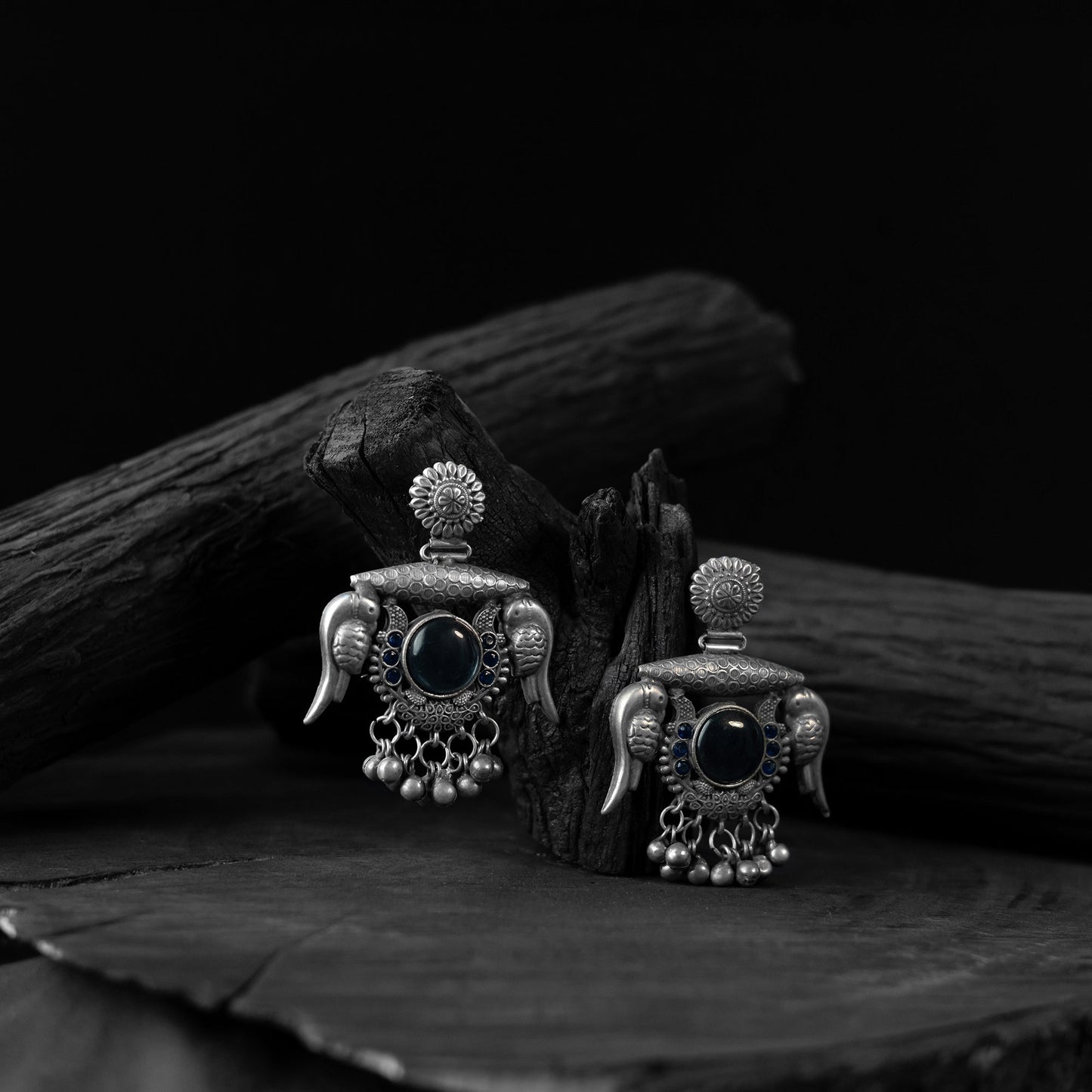 Black - saanjh bela parrot & bloom oxidised earrings