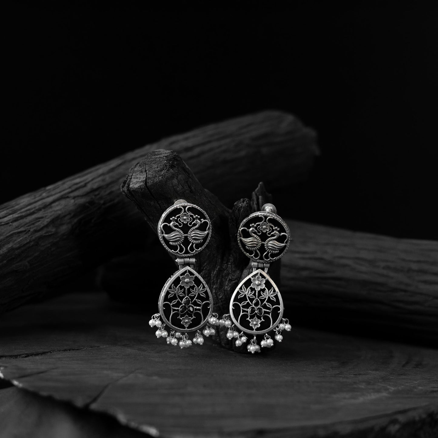 Black - saanjh bela peacock oxidised earrings - handcrafted