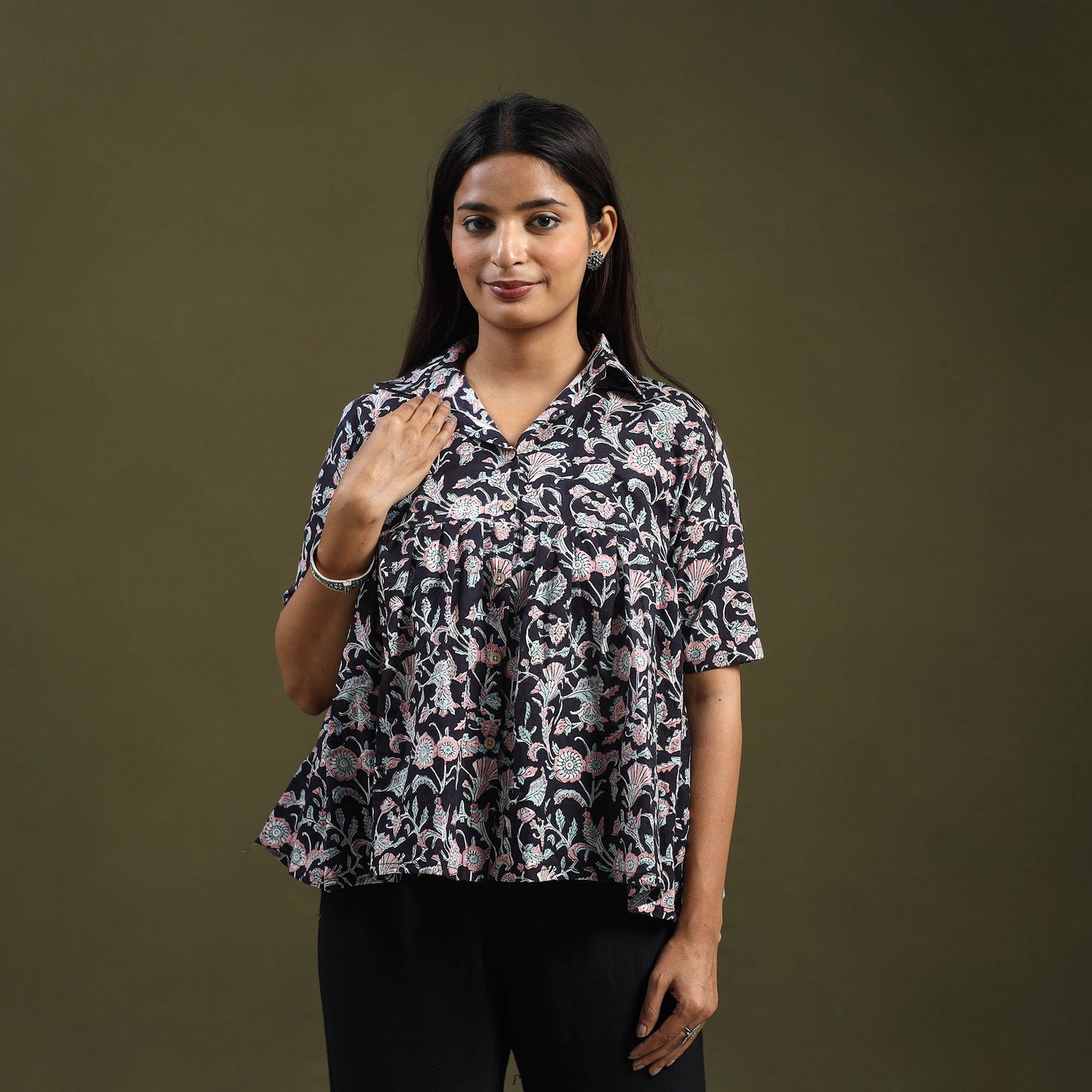 Black Sanganeri Block Print Cotton Crop Top