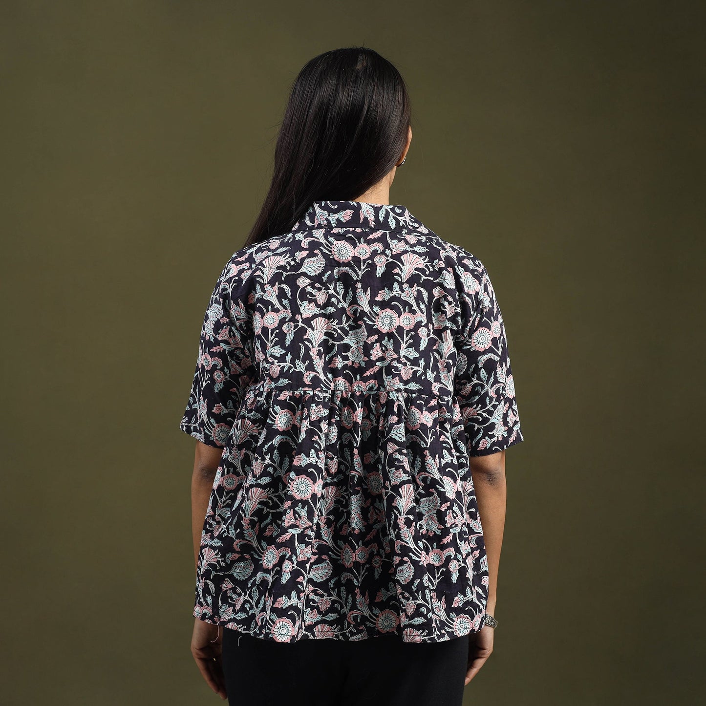 Black Sanganeri Block Print Cotton Crop Top