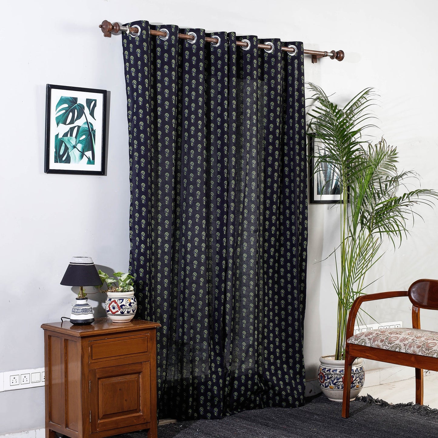Black - sanganeri printed cotton door curtain (7 x 3 feet)