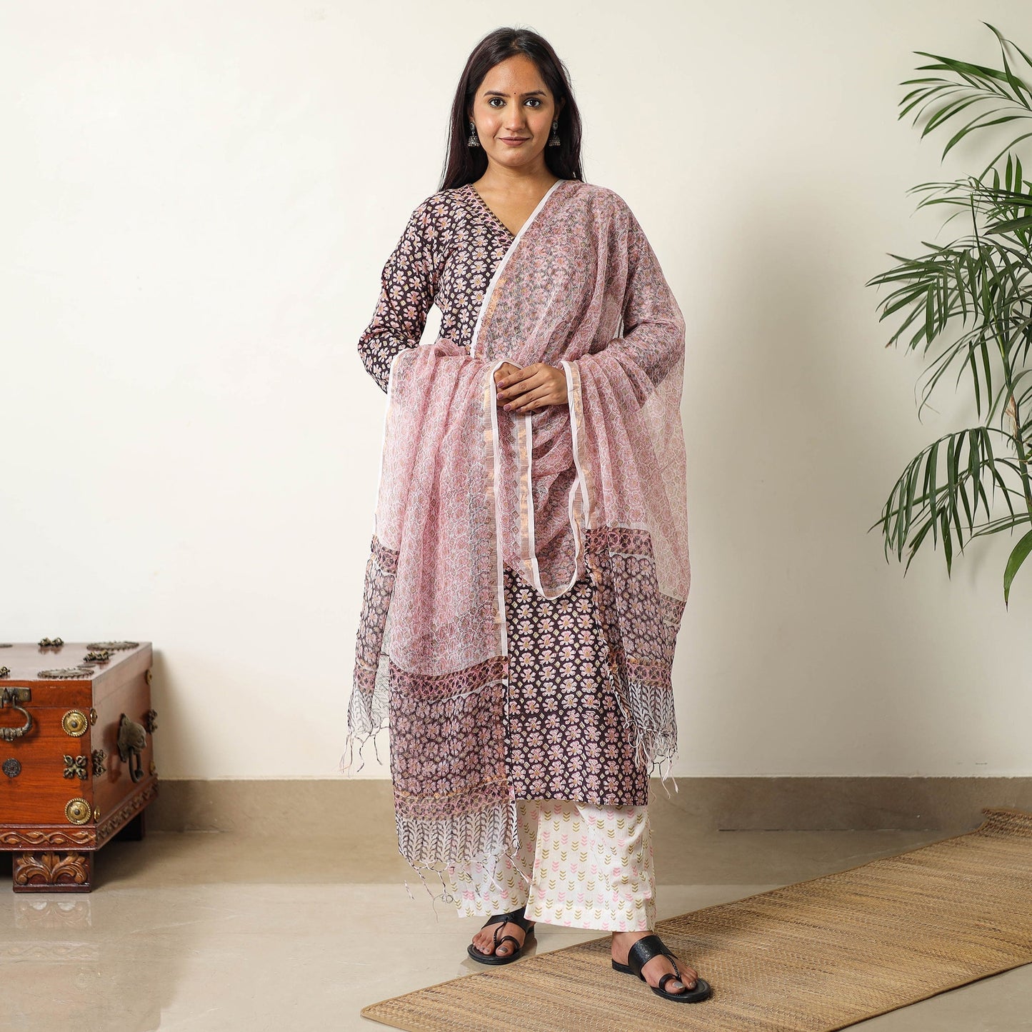 Sanganeri Block Printed Cotton Kurta with Palazzo & Dupatta Set 09