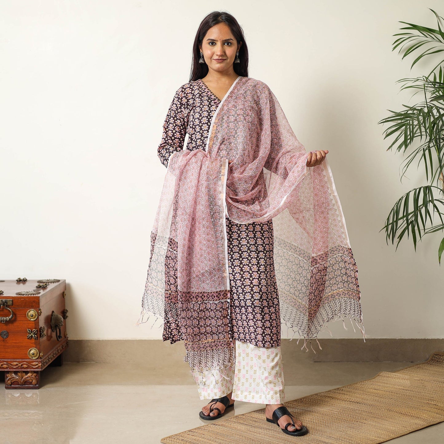Sanganeri Block Printed Cotton Kurta with Palazzo & Dupatta Set 09