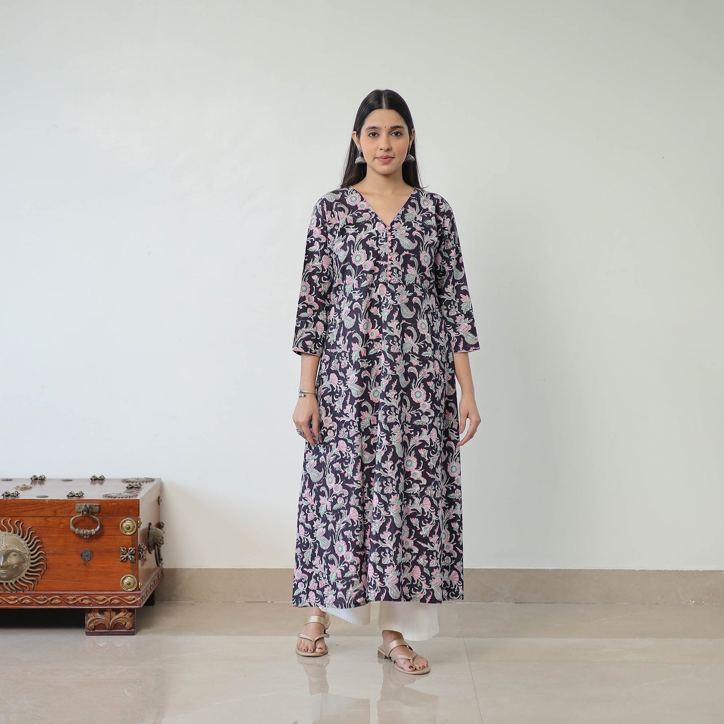 Black Sanganeri Block Printed Cotton Long A-Line Kurta for Women