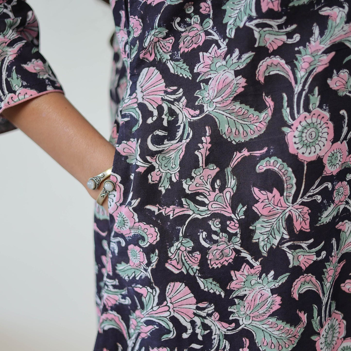 Black Sanganeri Block Printed Cotton Long A-Line Kurta for Women