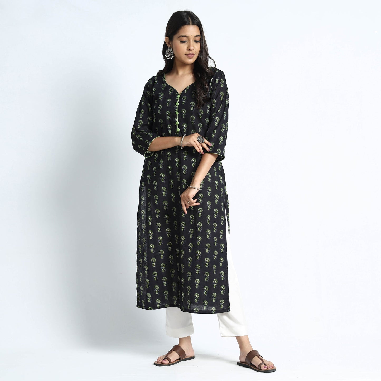 Sanganeri Hand Block Print Cotton White Long Kurta for Women