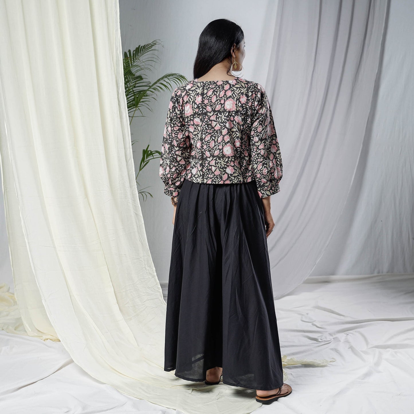 Black - sanganeri hand block prints full sleeve cotton crop