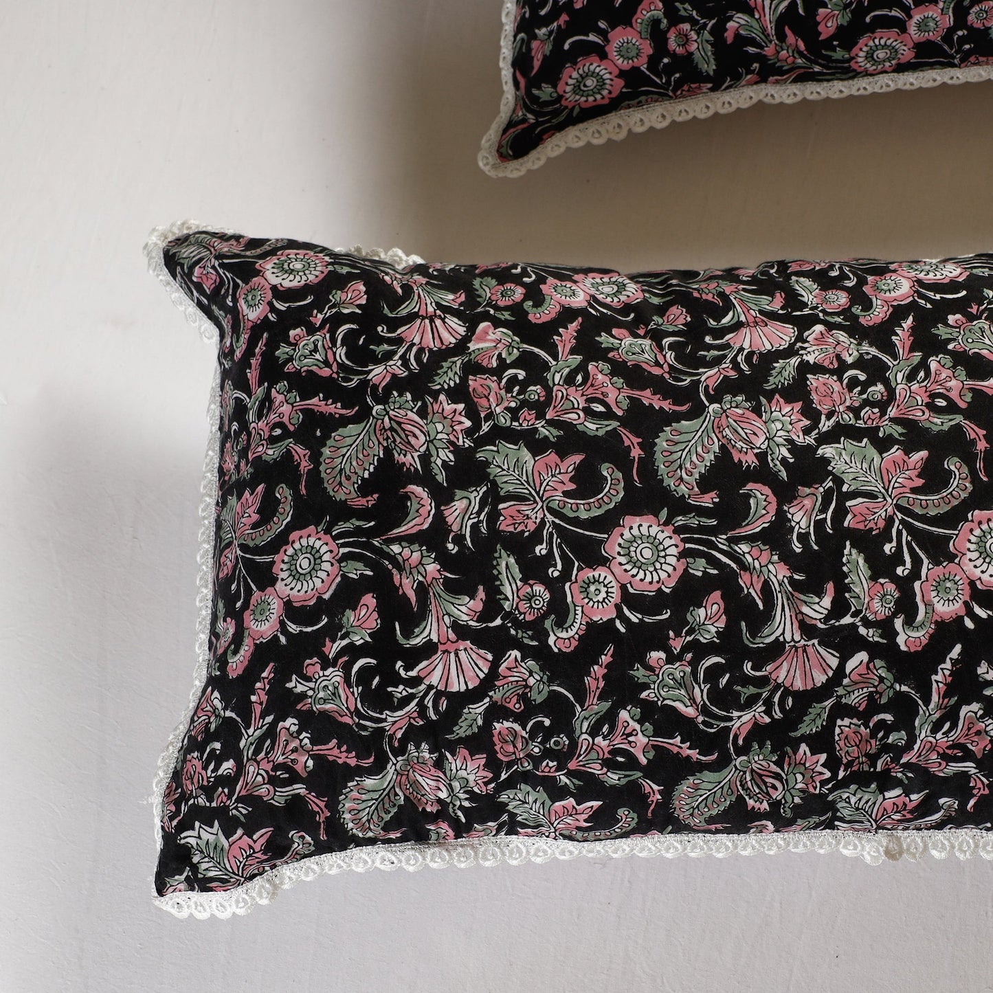 Sanganeri Block Printed Cotton Pillow Cover with Lace (26 x 16 in) - Set of 2