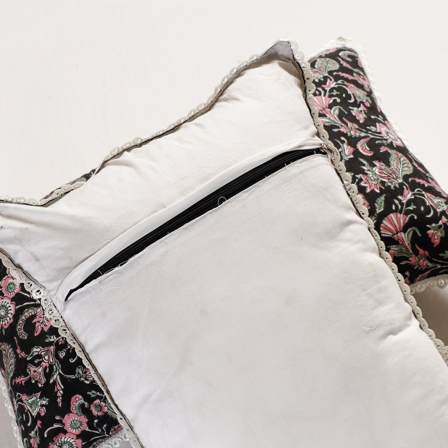 Sanganeri Block Printed Cotton Pillow Cover with Lace (26 x 16 in) - Set of 2
