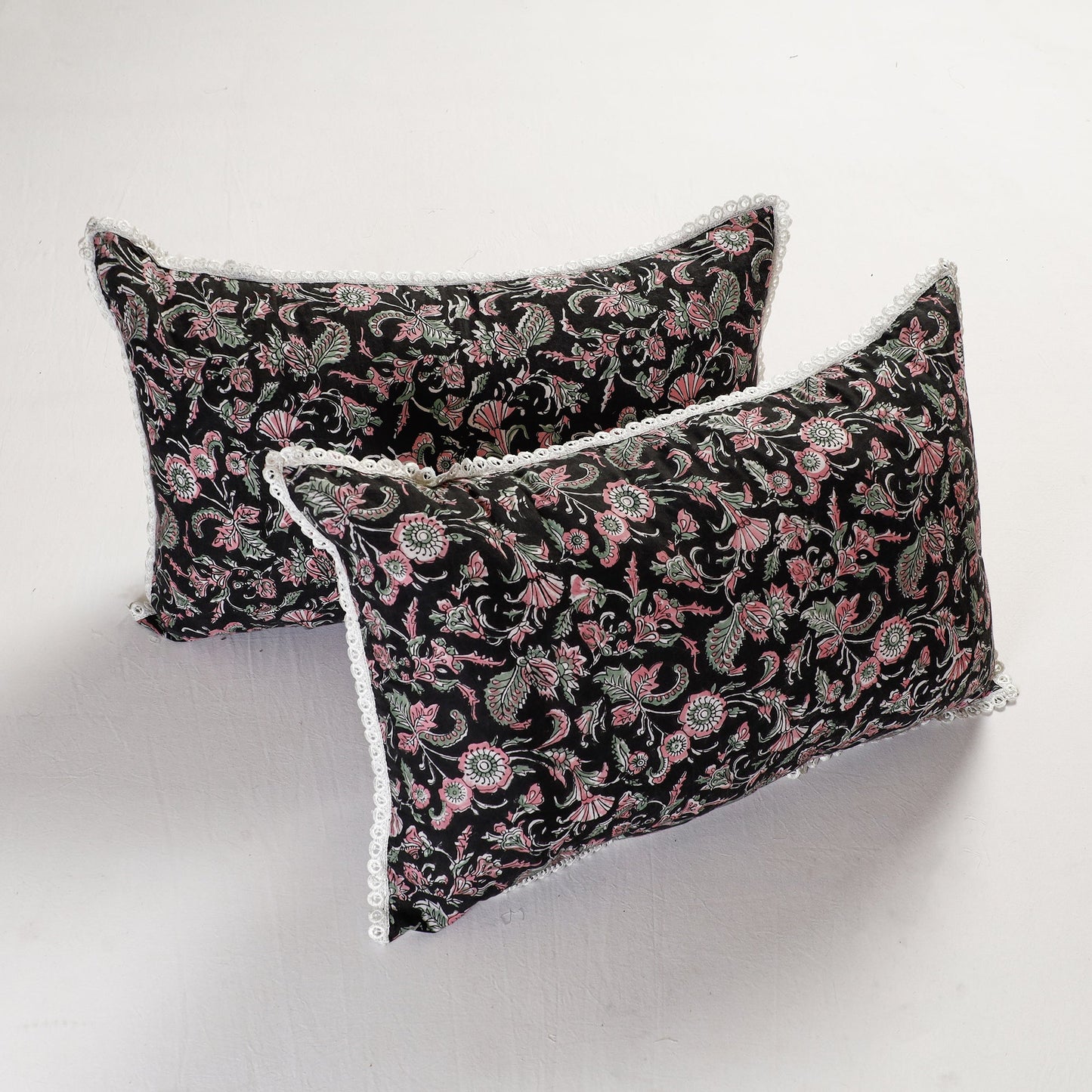 Sanganeri Block Printed Cotton Pillow Cover with Lace (26 x 16 in) - Set of 2