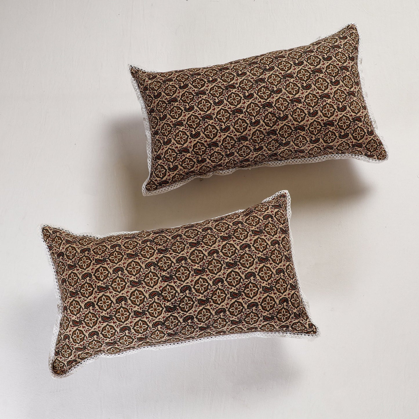 BuySanganeri Block Printed Cotton Pillow Cover With Lace (26 x 16 in) - Set of 2