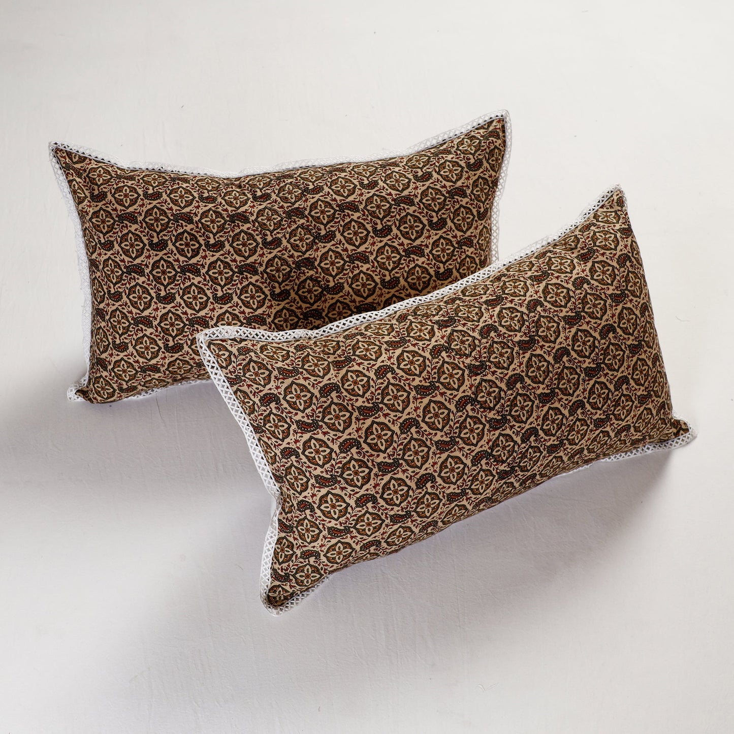 BuySanganeri Block Printed Cotton Pillow Cover With Lace (26 x 16 in) - Set of 2