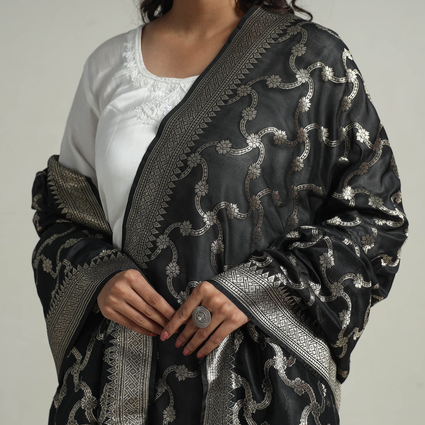 Black - Semi Silk Zari Jaal Banarasi Dupatta 32