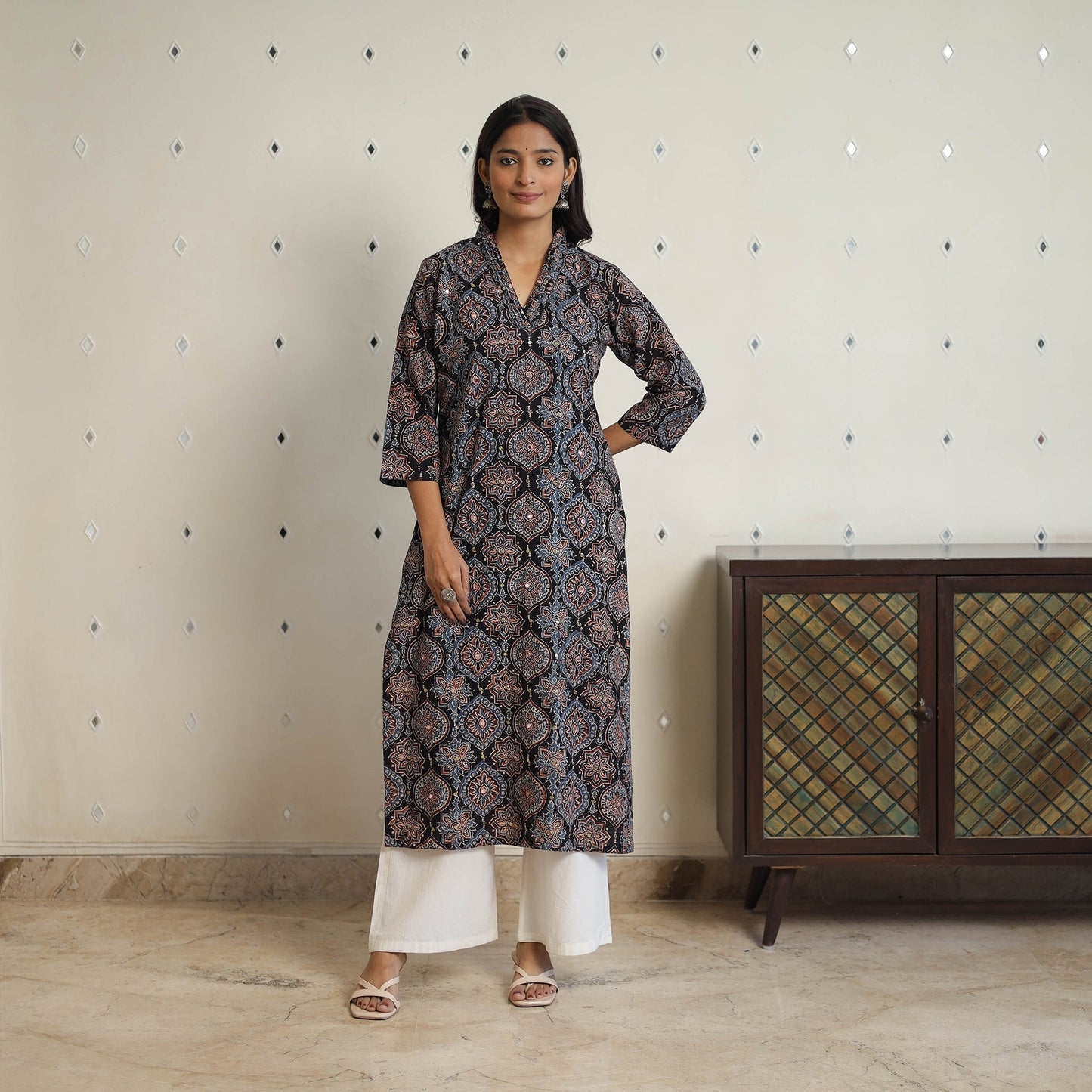 Sequins Cotton Straight Black Ajrakh Print Kurta for Women