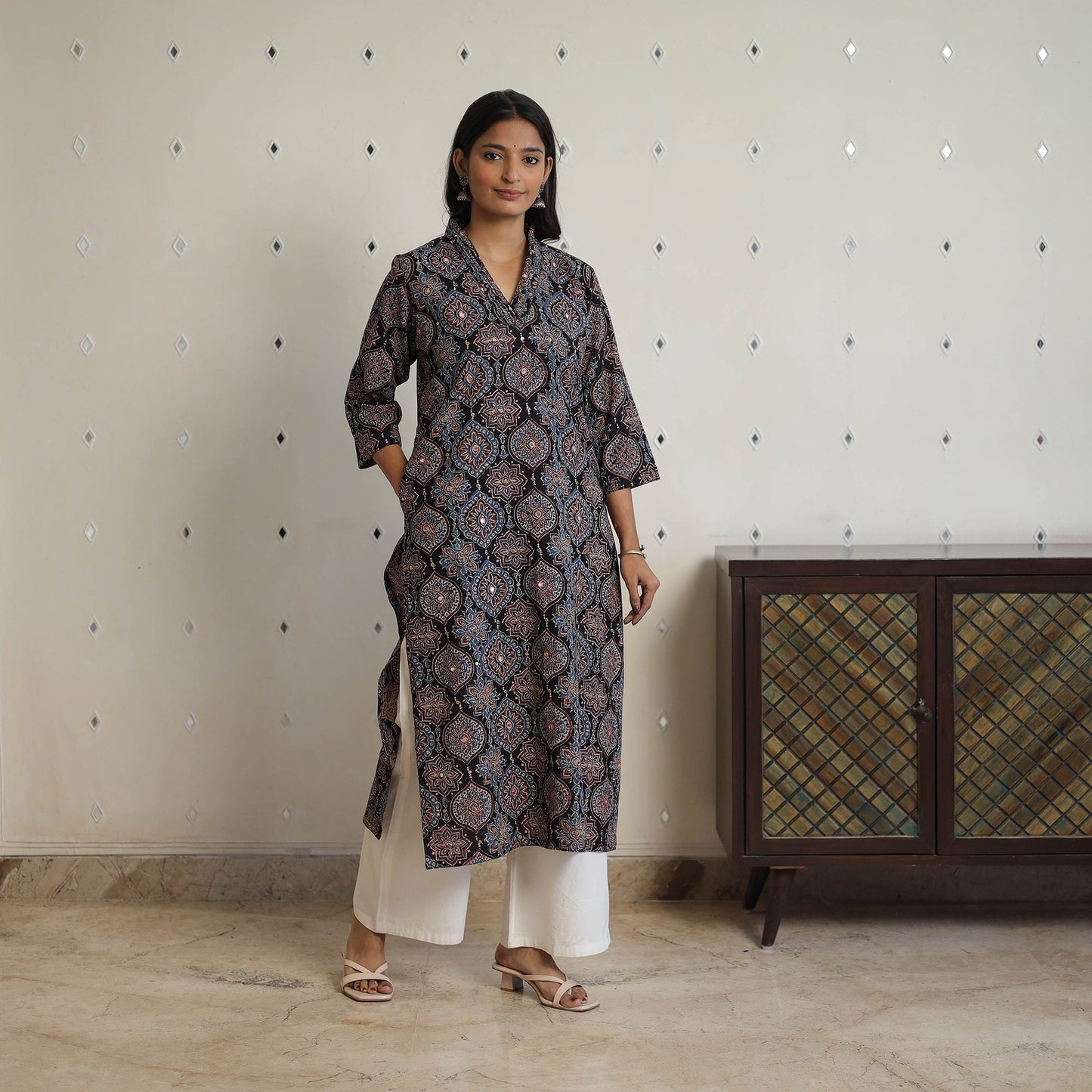 Sequins Cotton Straight Black Ajrakh Print Kurta for Women