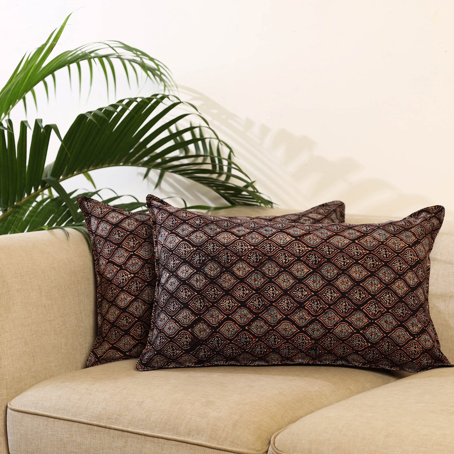 Buy Set of 2 Black Ajrakh Block Print Cotton Pillow Covers