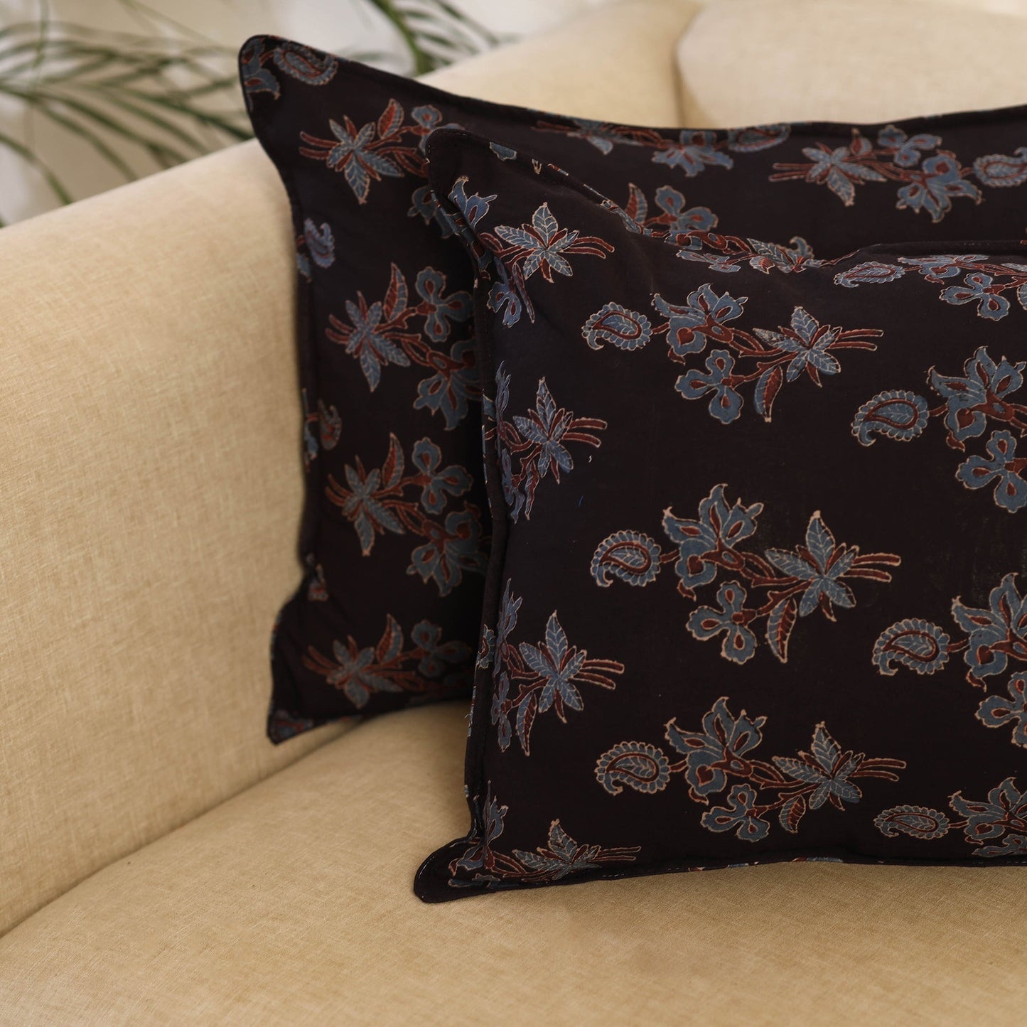 Buy Set of 2 Black Ajrakh Block Print Cotton Pillow Covers