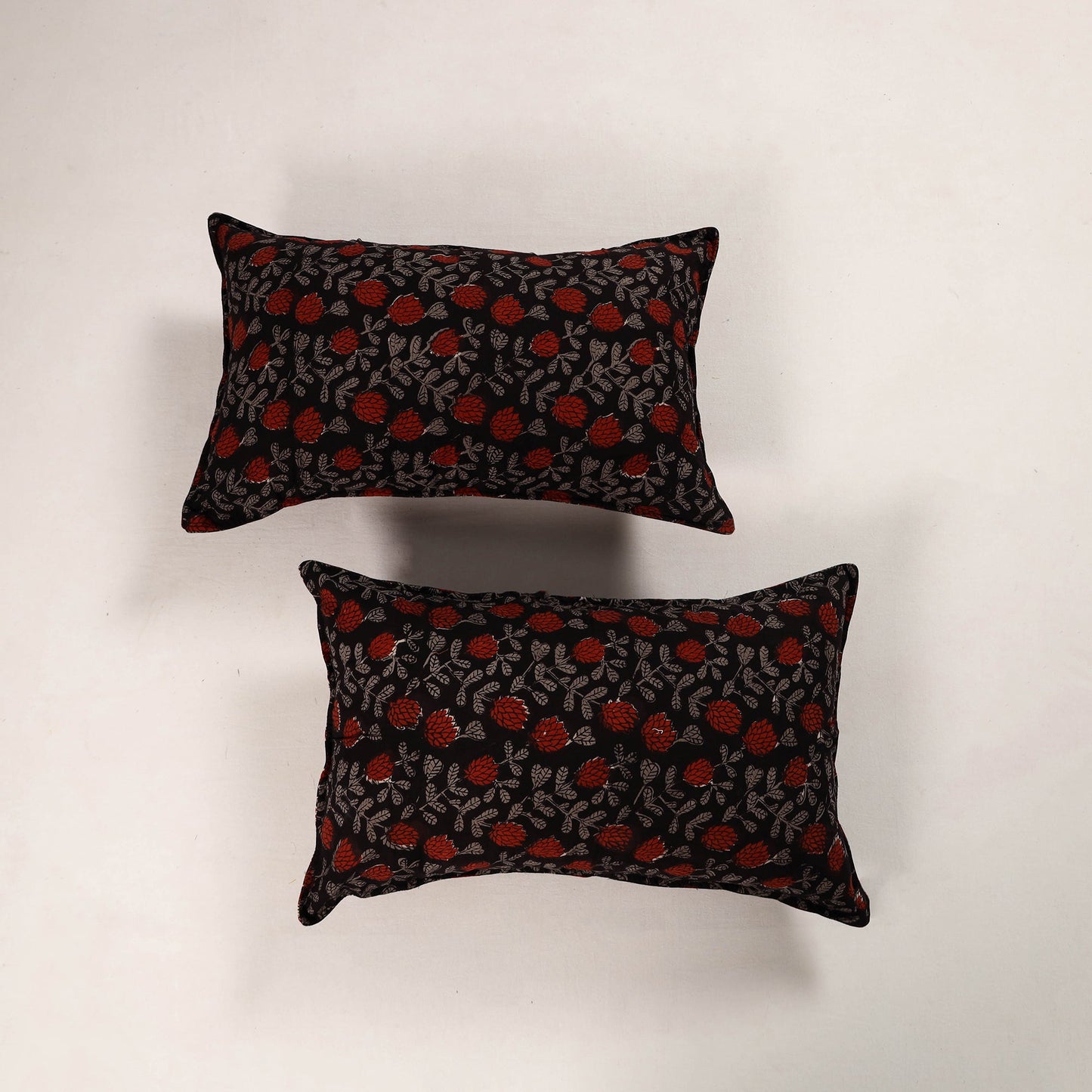 Black Set of 2 Bagru Block Print Cotton Pillow Covers