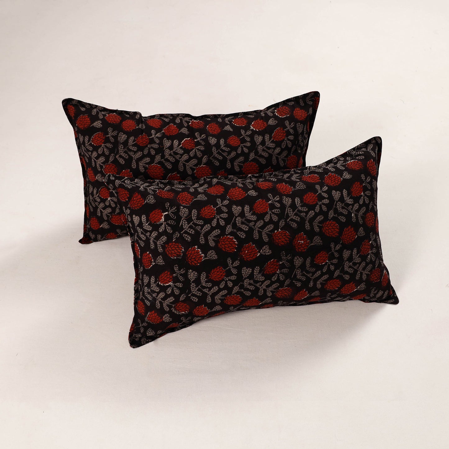 Black Set of 2 Bagru Block Print Cotton Pillow Covers