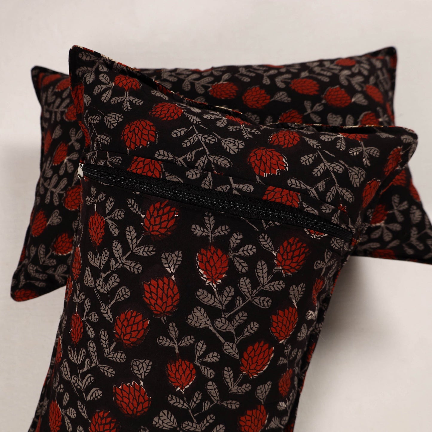 Black Set of 2 Bagru Block Print Cotton Pillow Covers