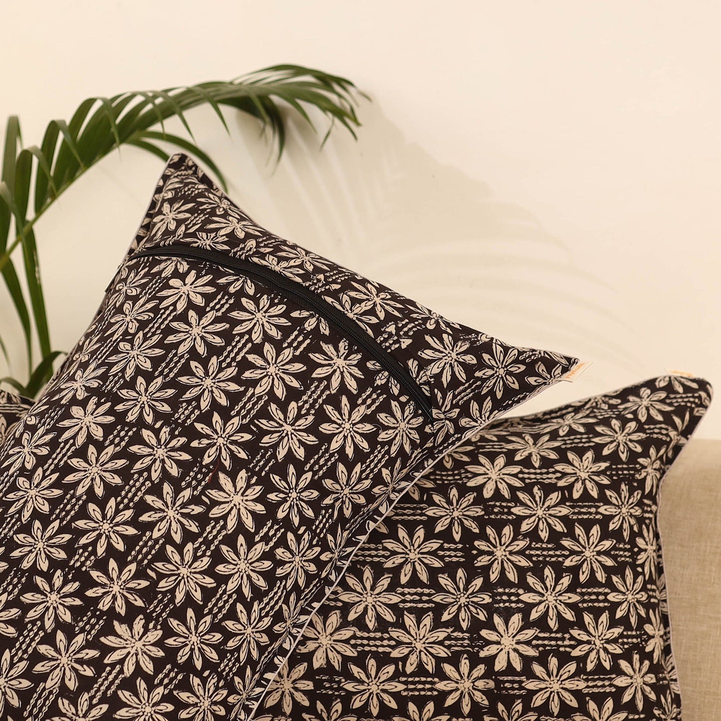 Black - set of 2 bagru hand pillow covers 07 - handcrafted