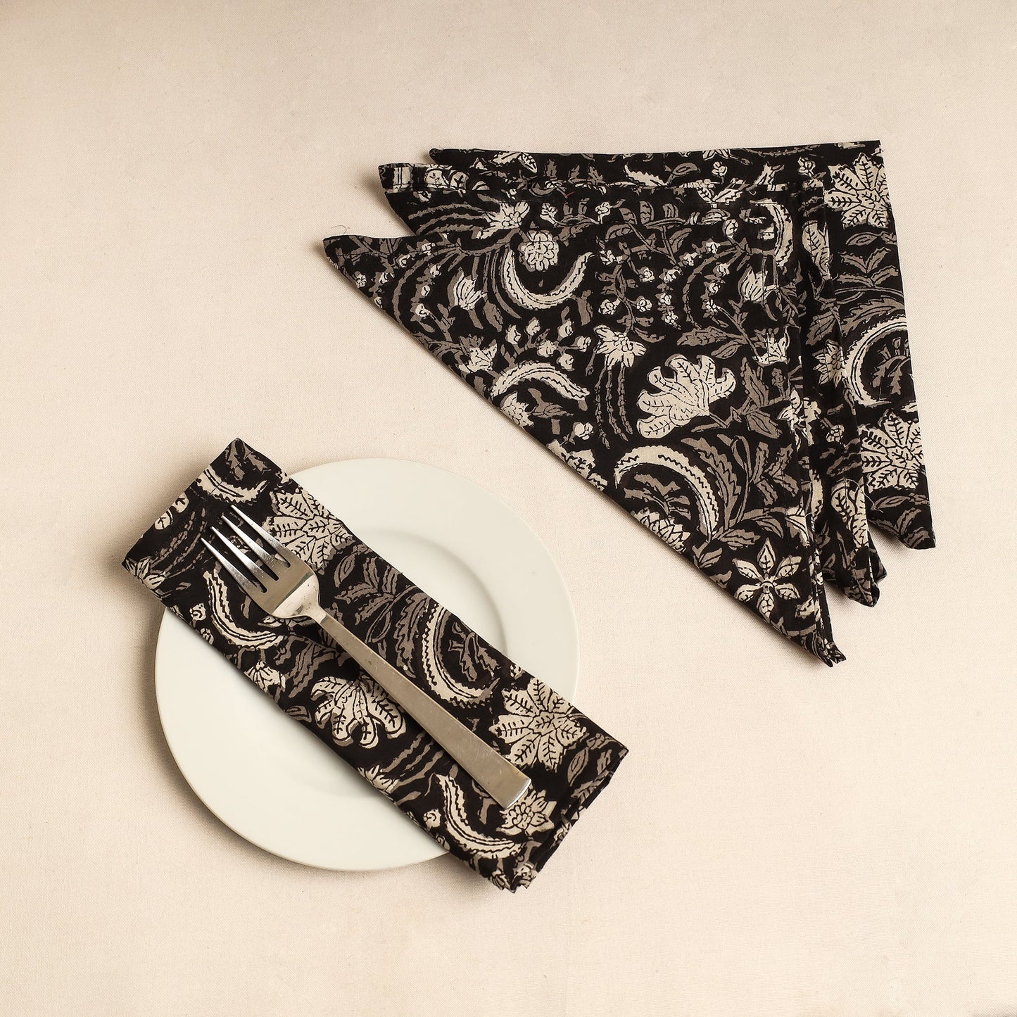 Set of 4 - Black Bagru Block Printed Cotton Table Napkins
