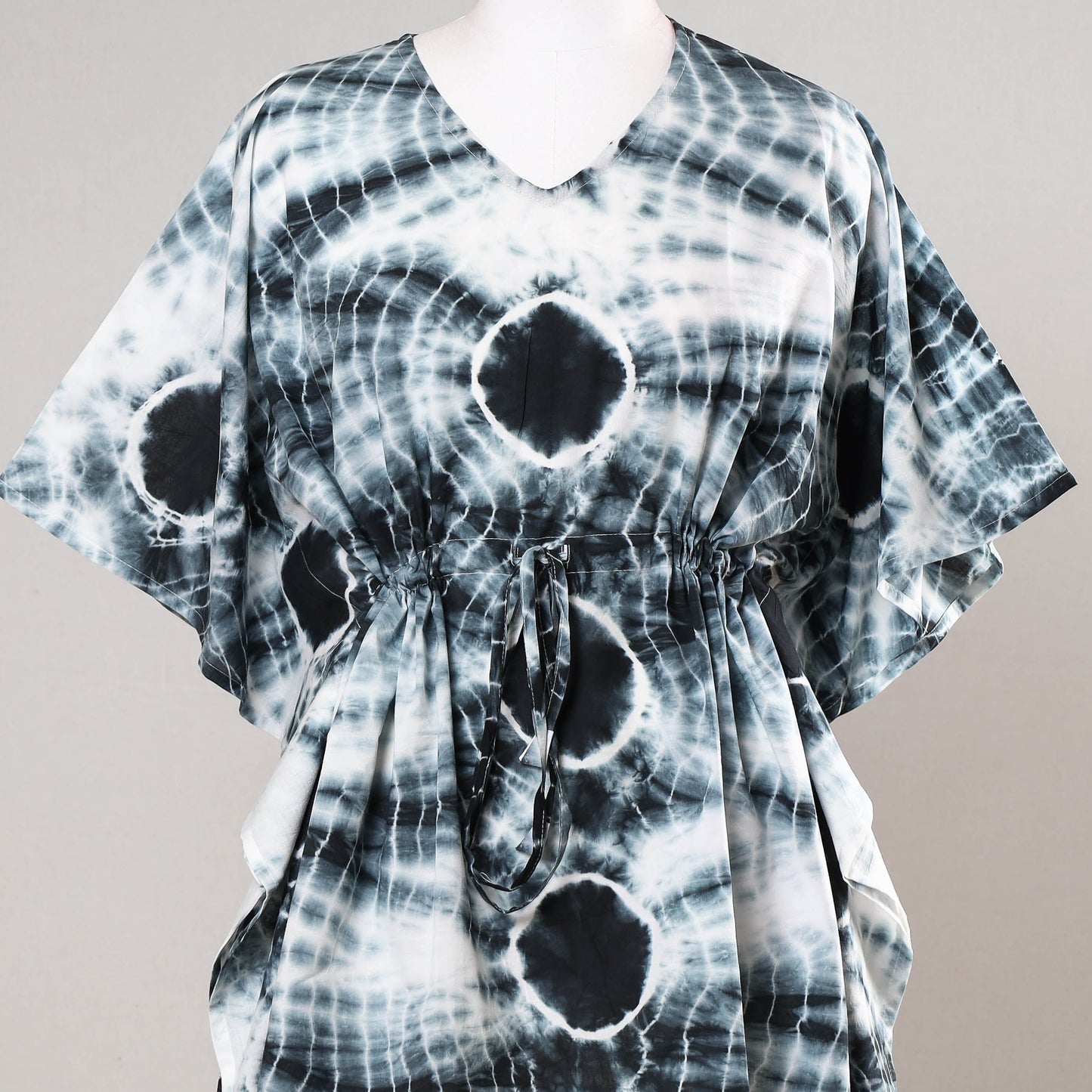 Black - Shibori Tie-Dye Cotton Kaftan with Tie-Up Waist (Short)