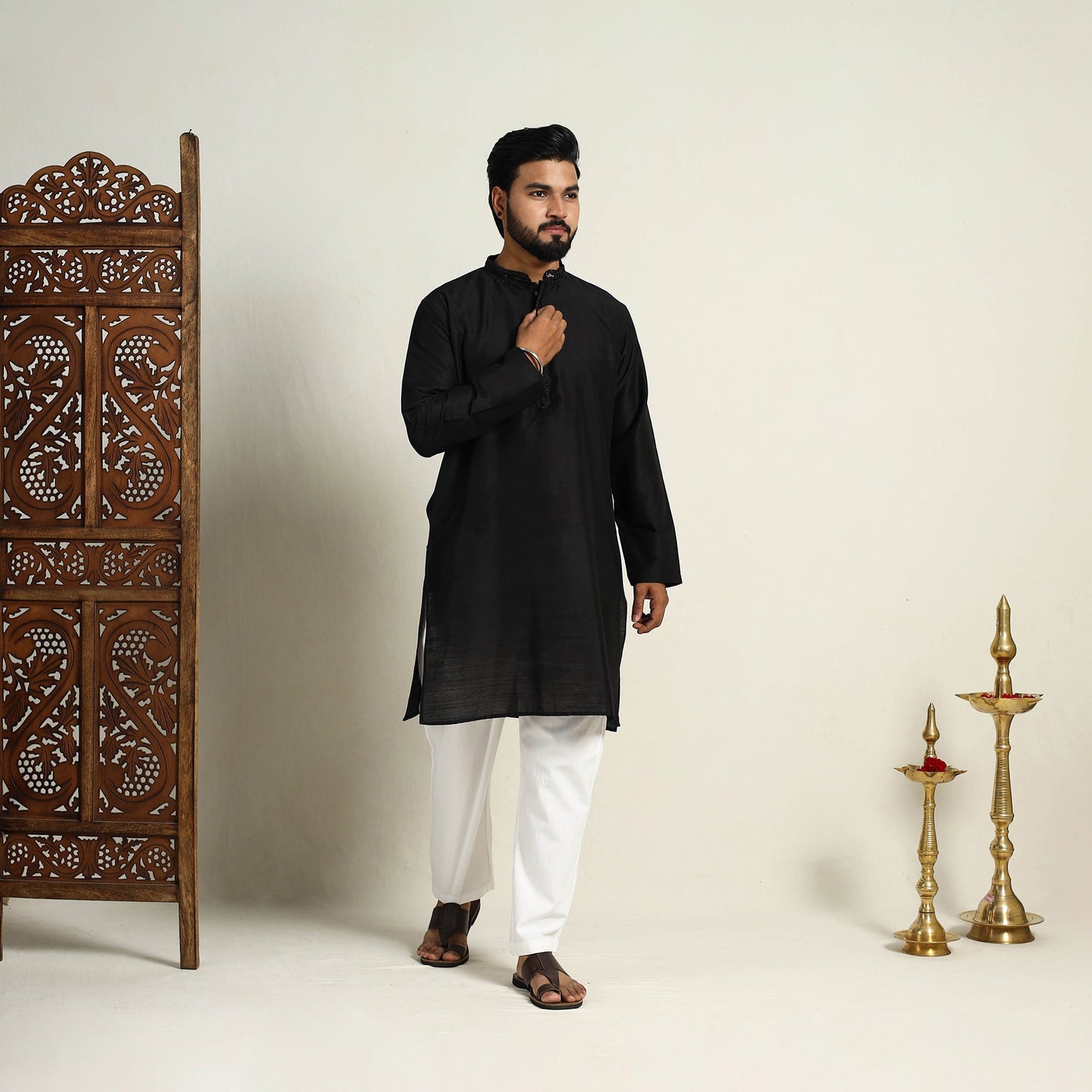 Black Slub Silk Kurta for Men with Embellished Neckline Work