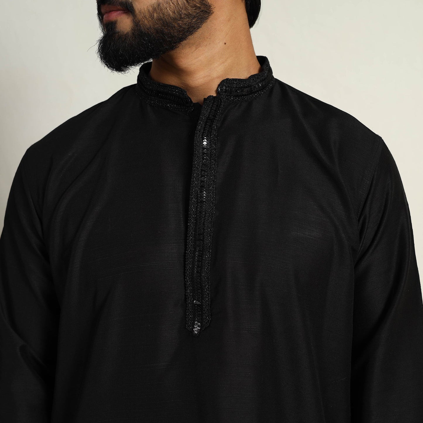 Black Slub Silk Kurta for Men with Embellished Neckline Work