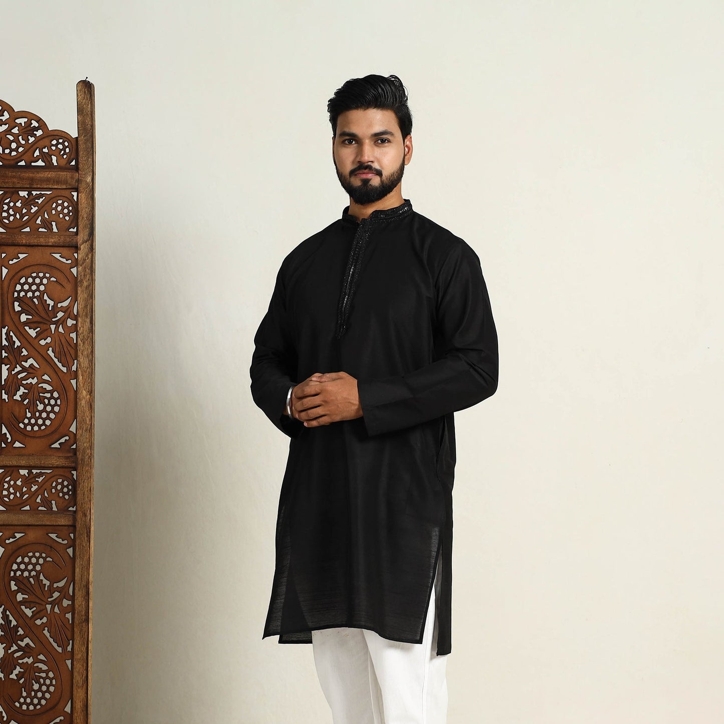 Black Slub Silk Kurta for Men with Embellished Neckline Work