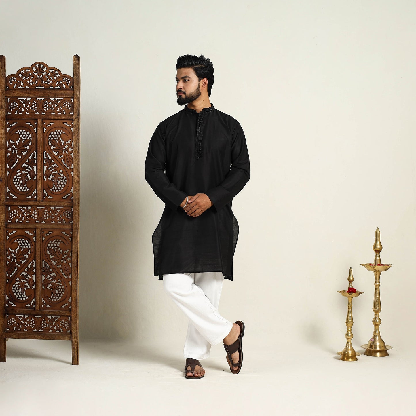 Black Slub Silk Kurta for Men with Embellished Neckline Work