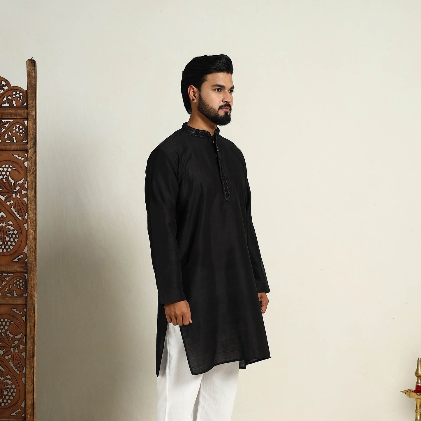 Black Slub Silk Kurta for Men with Embellished Neckline Work