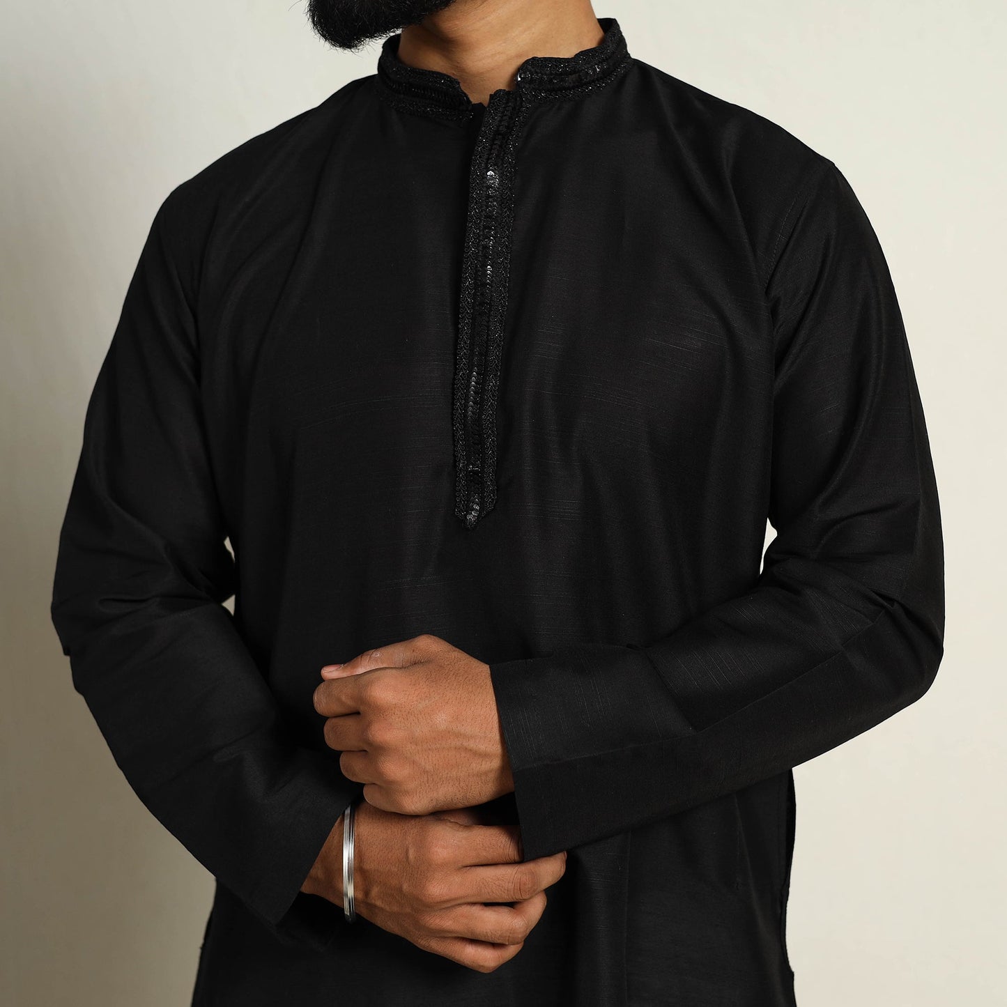 Black Slub Silk Kurta for Men with Embellished Neckline Work