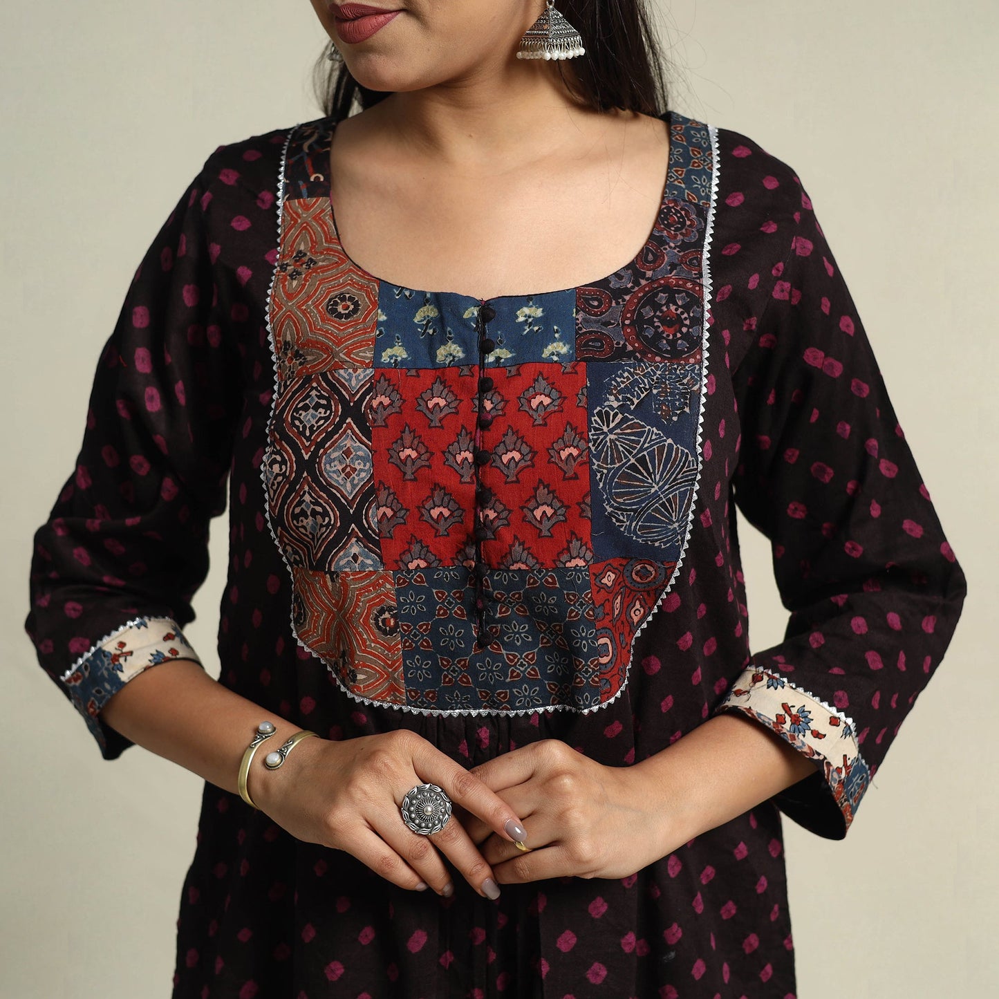 Black Tie-dye Cotton Patchwork A-Line Bandhani Kurta for Women