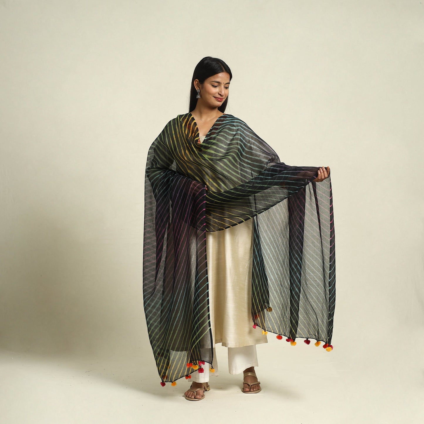 Tie & Dye Black Kota Doria Cotton Leheriya Dupatta