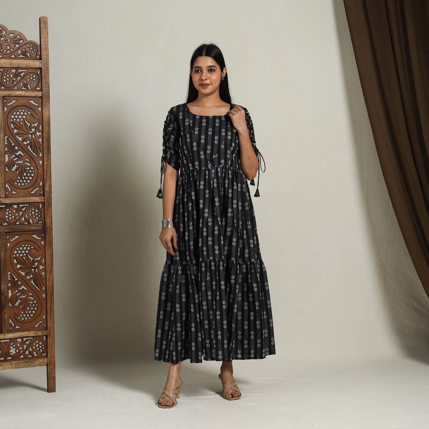 Tiered Fit & Flare Cotton Black Jacquard Dress