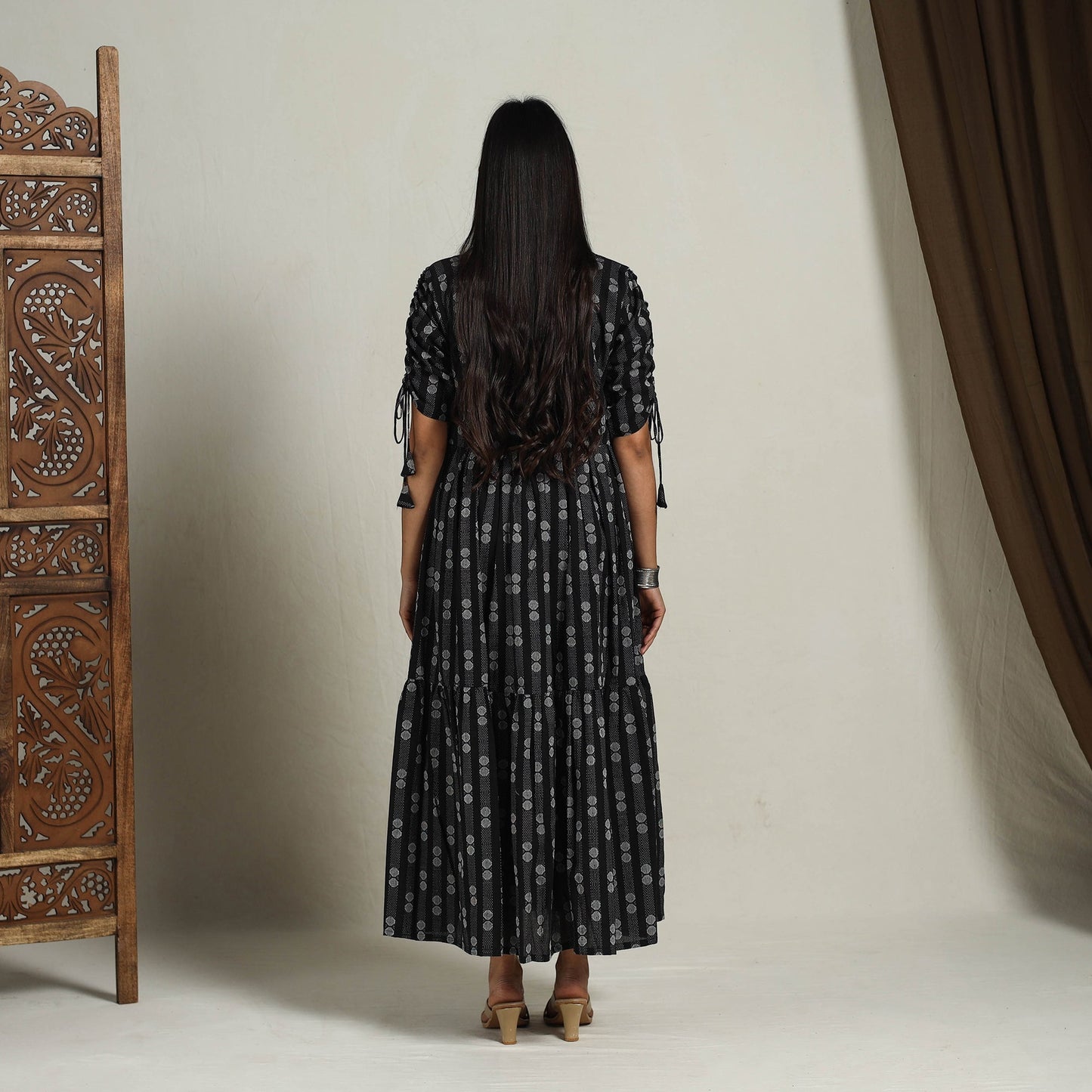 Tiered Fit & Flare Cotton Black Jacquard Dress