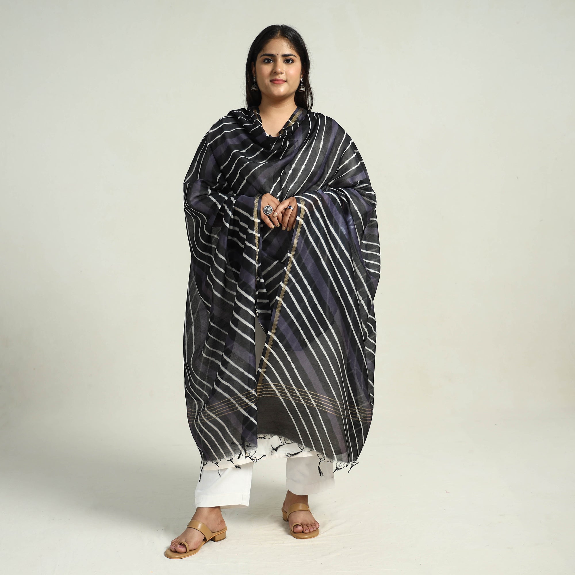Black - Tie-Dye Handloom Tussar Silk Leheriya Dupatta 07