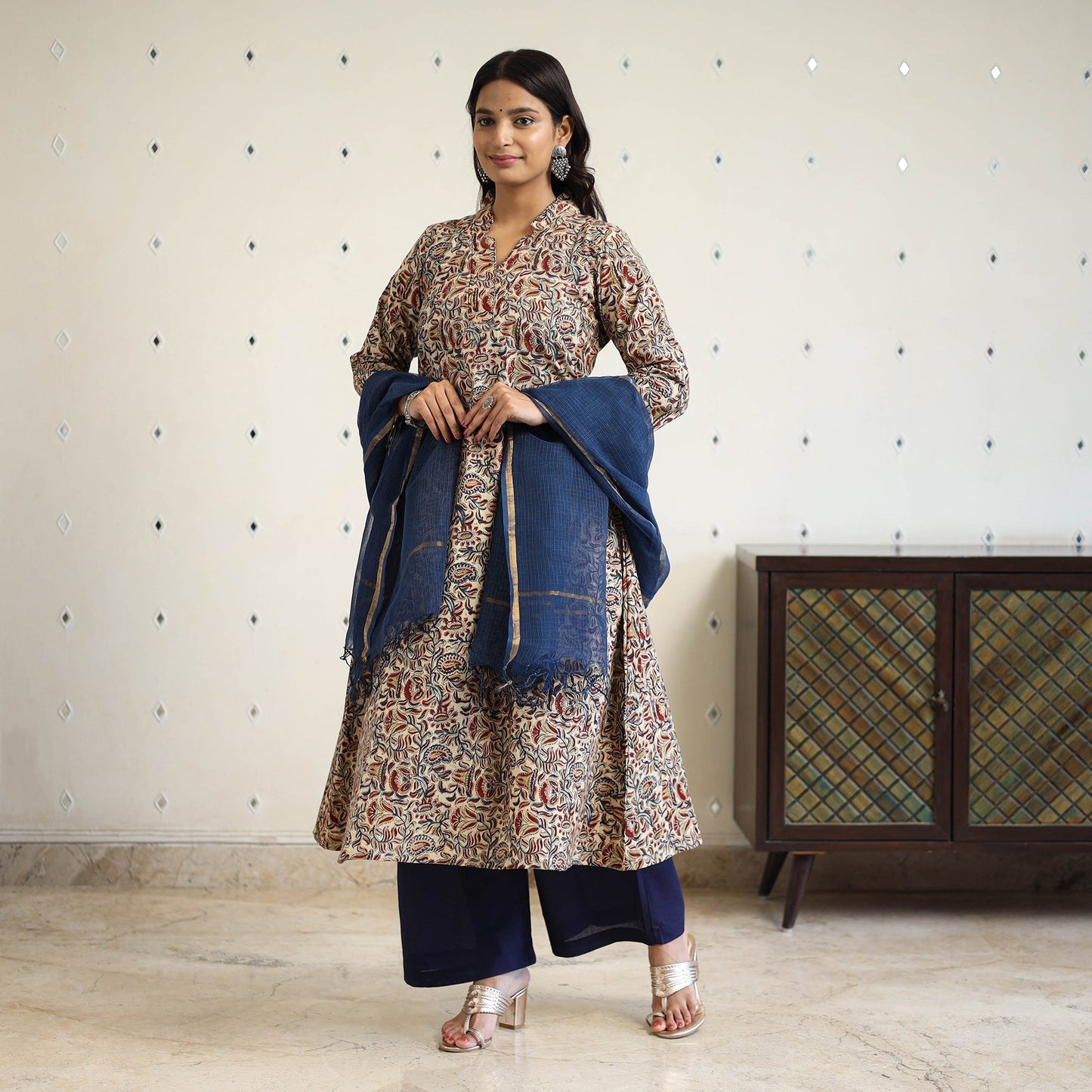 Block Print Cotton Pedana Kalamkari Kurta Set (Set of 3)