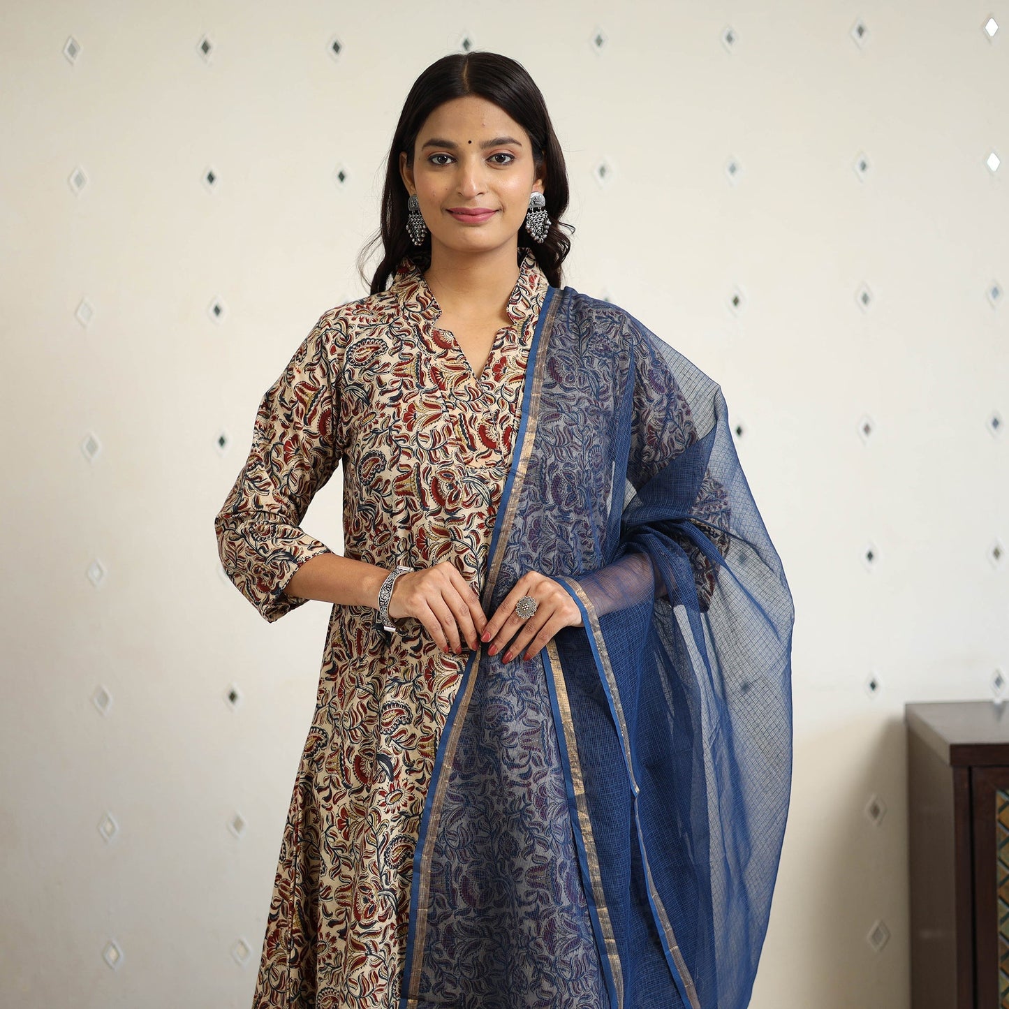 Block Print Cotton Pedana Kalamkari Kurta Set (Set of 3)